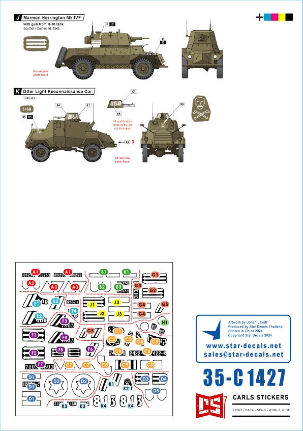 Star Decals 35-C1427 Early IDF markings # 1. Israeli armoured cars and AFVs in 1948-49. Daimler AC Mk 2, Humber AC Mk IV, Humber LRC, Marmon-Herrington Mk IVF, M3 White Scout Car, Humber SC, CMP C15TA. 1/35 – zdjęcie 3