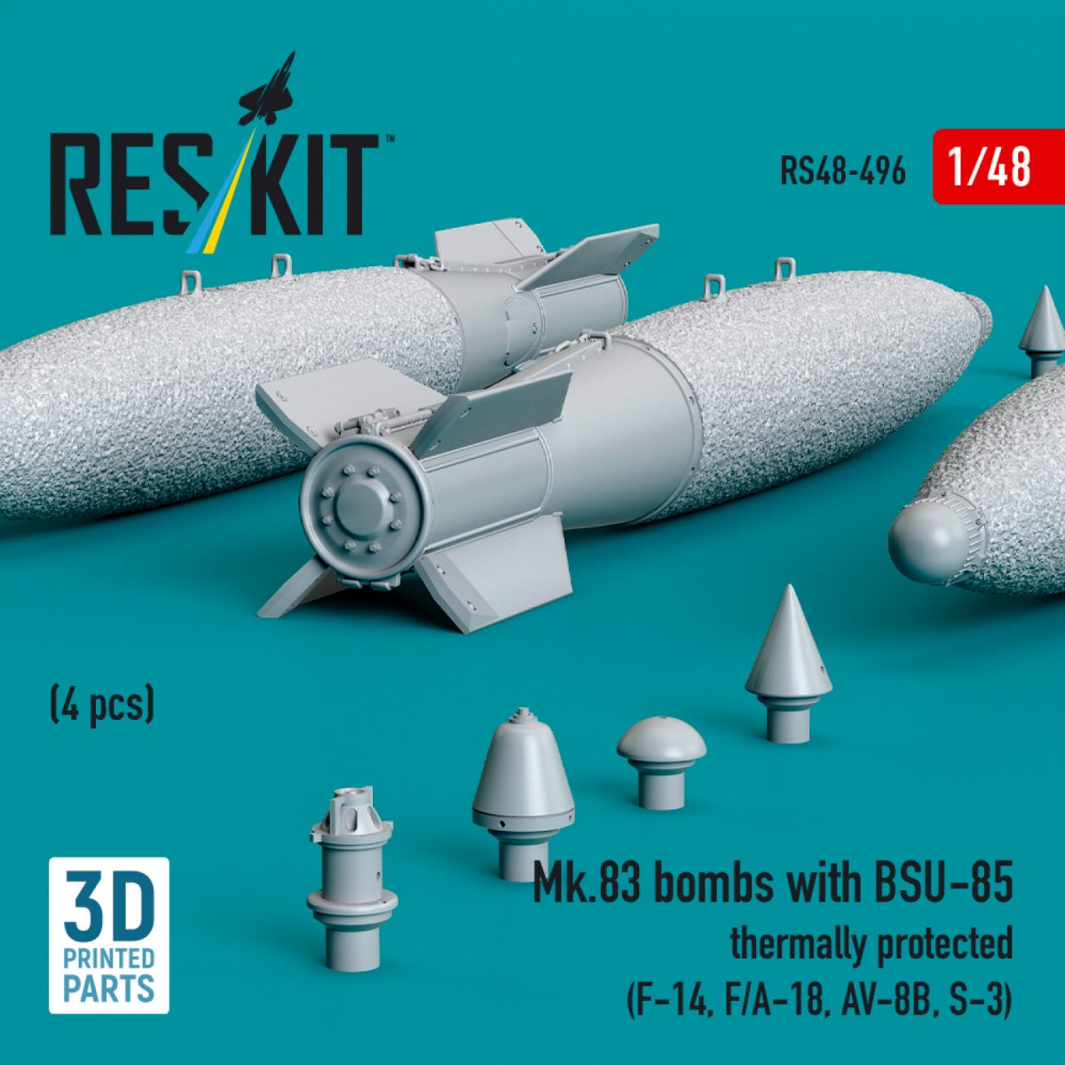RESKIT RS48-0496 Mk.83 bombs with BSU-85 thermally protected (4 pcs) (3D printed) 1/48 – Bild 2