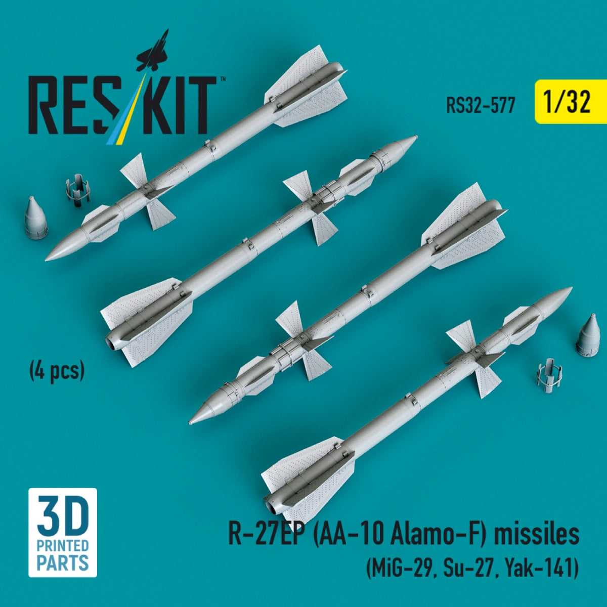 RESKIT RS32-0577 R-27EP (AA-10 Alamo-F) missiles (4 pcs) (MiG-29, Su-27, Yak-141) (3D Printed) 1/32