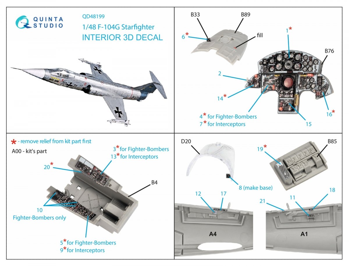 Quinta Studio QD48199 F-104G 3D-Printed &amp;amp; coloured Interior on decal paper (Kinetic) 1/48 – zdjęcie 2