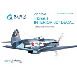 Quinta Studio QD32007 Yak-3 3D-Printed &amp;amp; colored Interior on decal paper (for Special Hobby kit) 1/32
