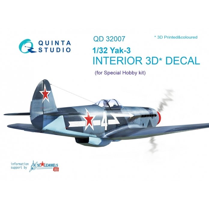 Quinta Studio QD32007 Yak-3 3D-Printed &amp;amp; colored Interior on decal paper (for Special Hobby kit) 1/32