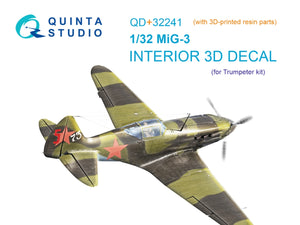 Quinta Studio QD+32241 MiG-3 3D-Printed &amp;amp; coloured Interior on decal paper (Trumpeter) (with 3D-printed resin parts) 1/32