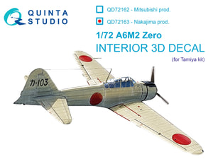 Quinta Studio QD72163 A6M2 Zero (Nakajima Prod.) 3D-Printed colored Interior on decal paper (Tamiya) 1/72