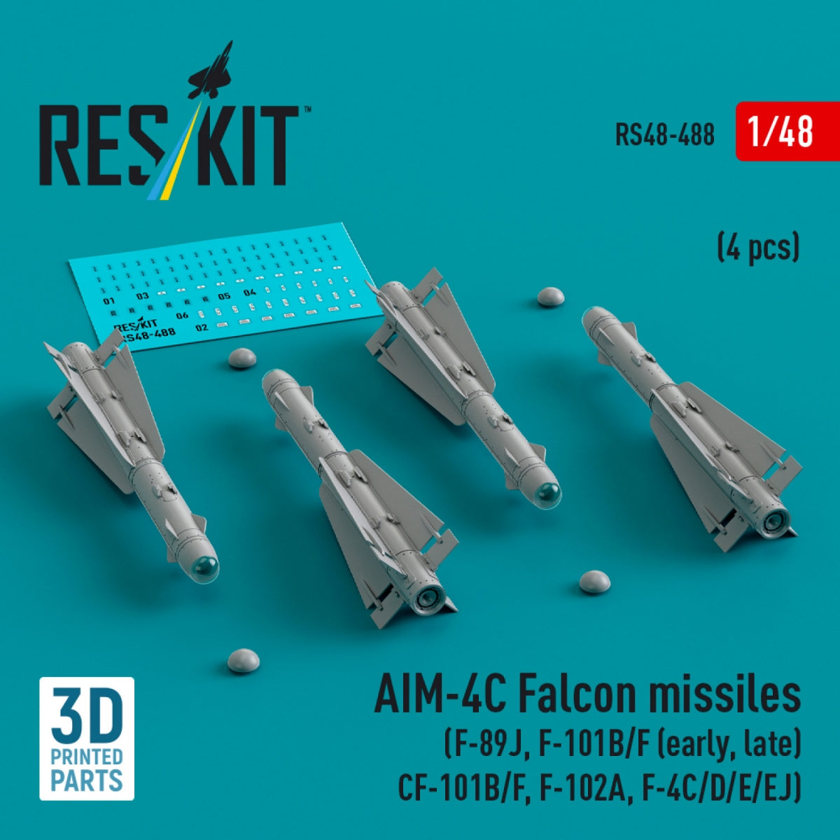 RESKIT RS48-0488 AIM-4C Falcon missiles (4 pcs) (3d Printed) 1/48