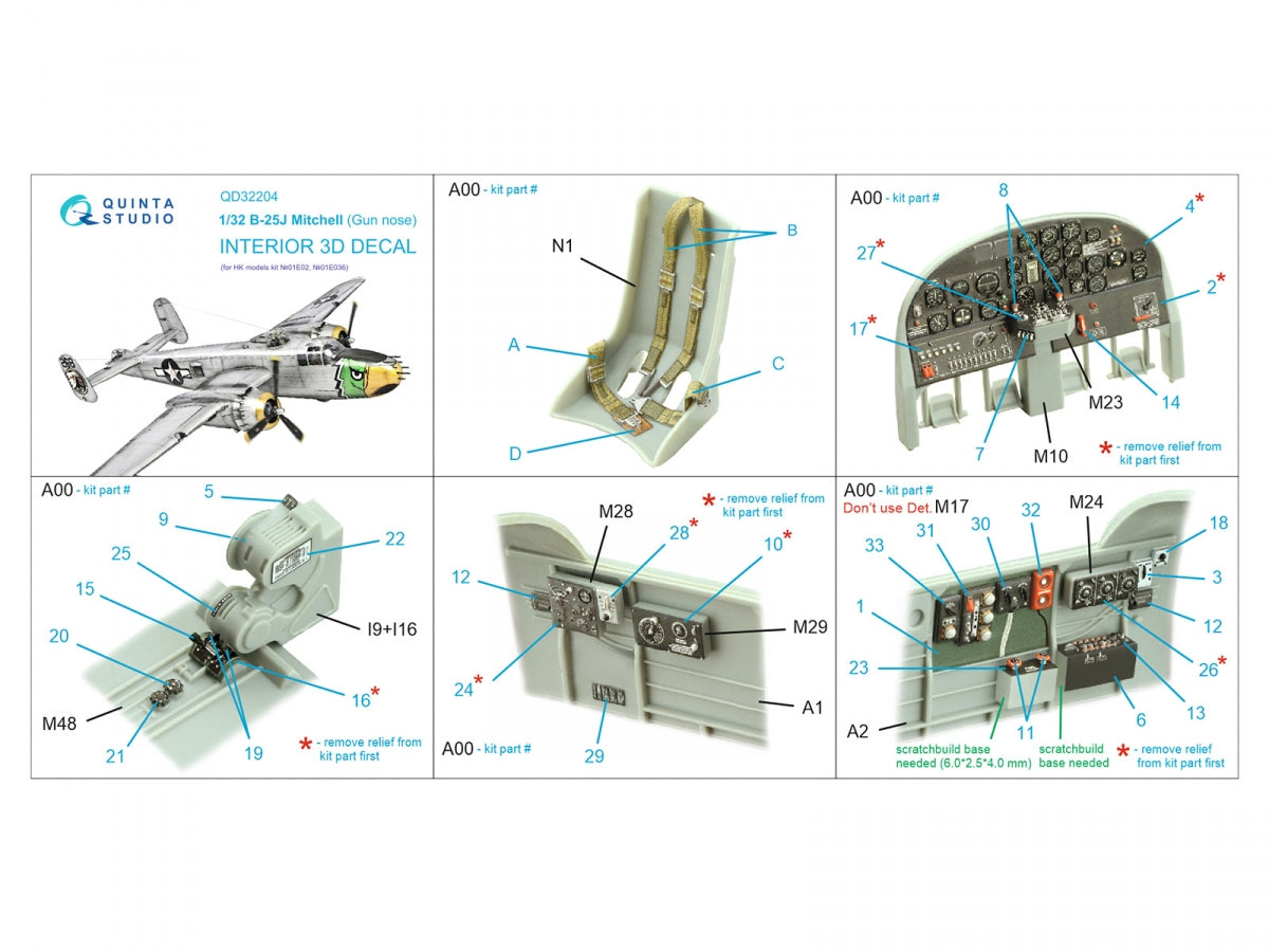Quinta Studio QD32204 B-25J Mitchell Gun nose 3D-Printed &amp;amp; coloured Interior on decal paper (HK models) 1/32 – zdjęcie 2