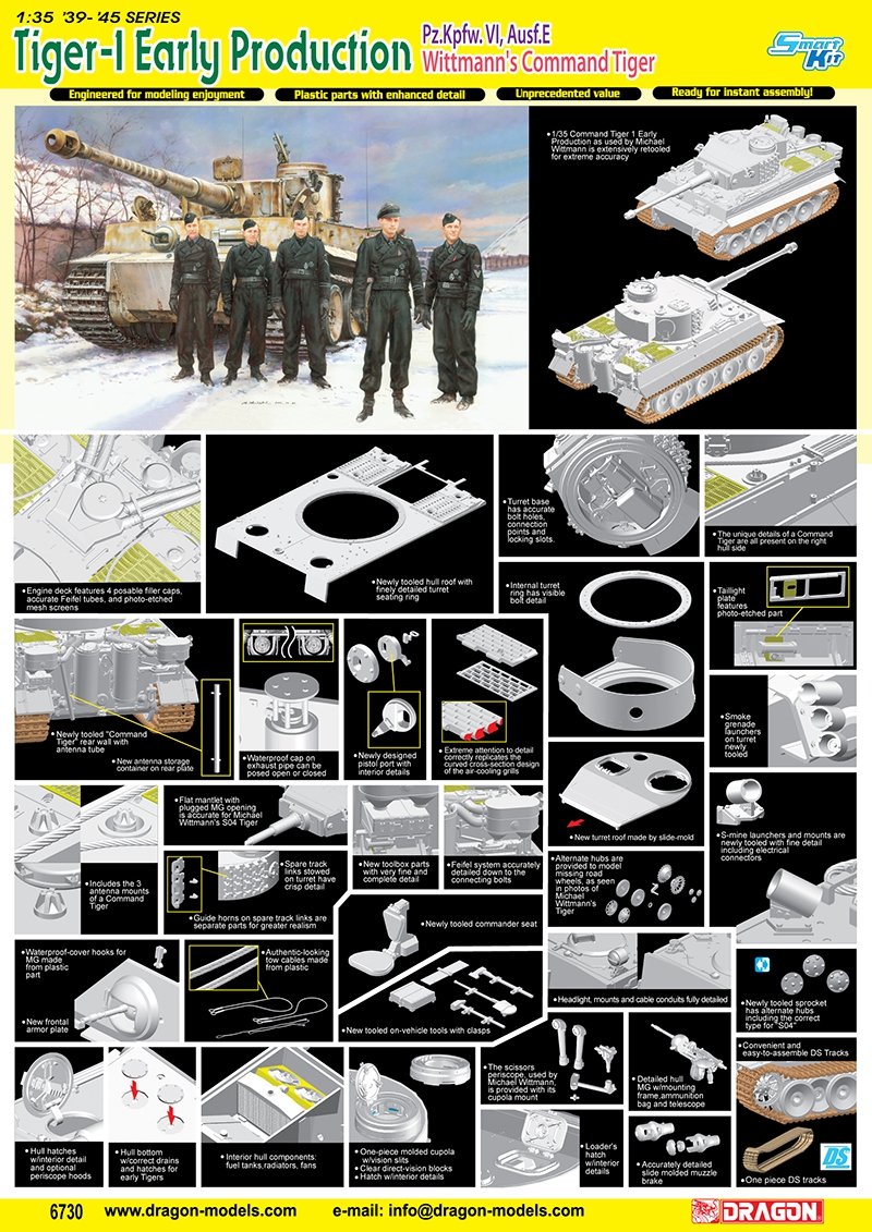 Dragon 6730 Tiger I Early Production Pz.Kpfw.VI,Ausf.E Tigre de commandement Wittmann / chenille magique (1/35) – image 2