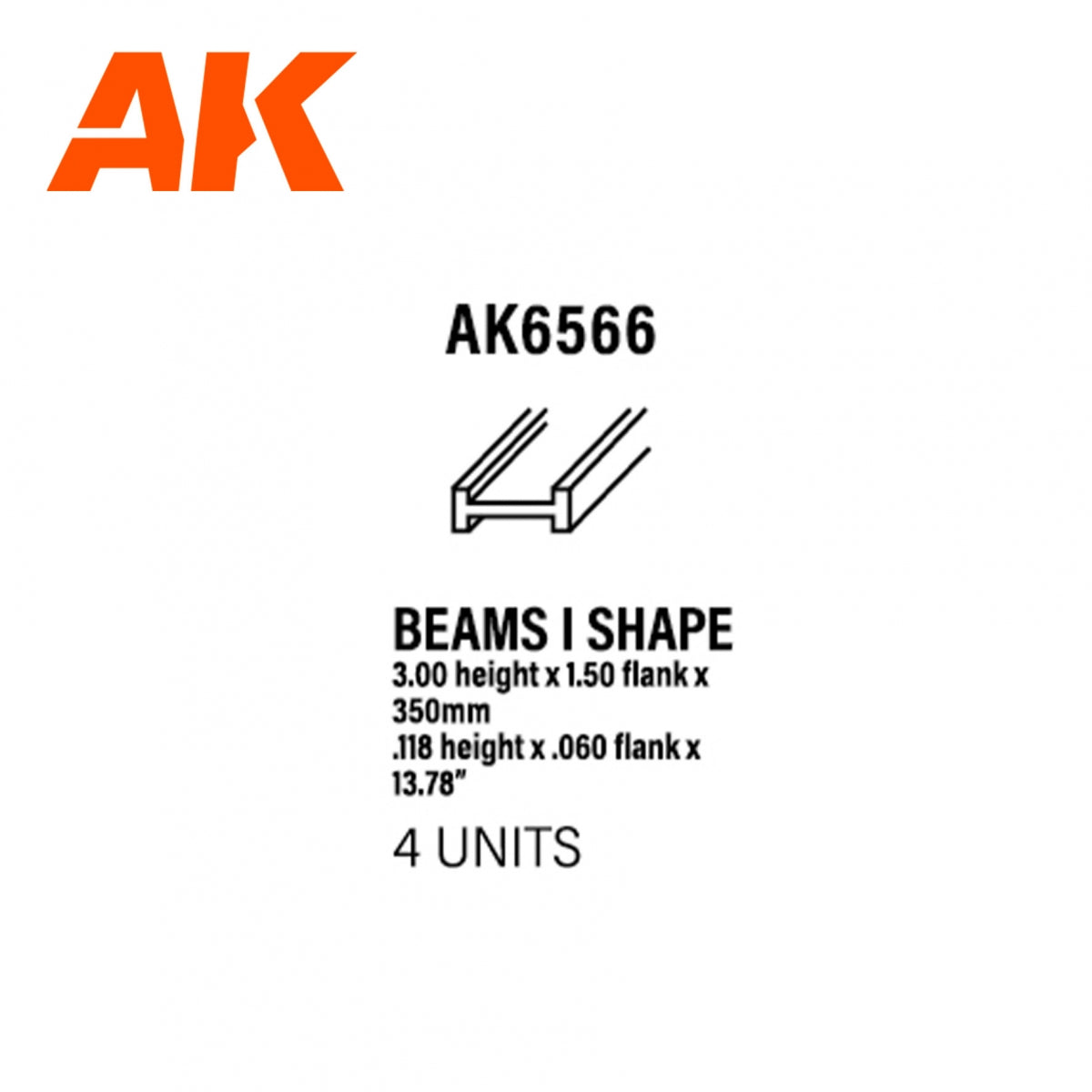 AK Interactive AK6566 BEAMS I SHAPE 3.00 x 1.50 x 350mm – STYRENE – (4 units)