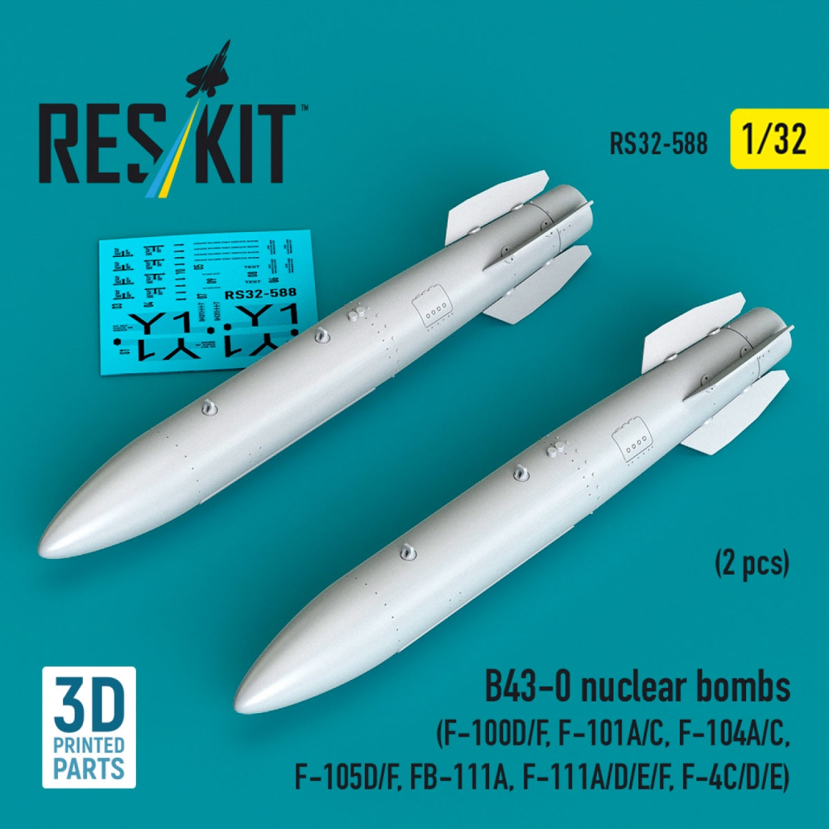 RESKIT RS32-0588 B43-0 nuclear bombs (2 pcs) (F-100D/F, F-101A/C, F-104A/C, F-105D/F, FB-111A, F-111A/D/E/F, F-4C/D/E) (3D Printed) 1/32