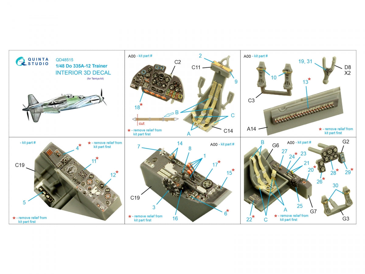 Quinta Studio QD48515 Do 335A-12 Trainer 3D-Printed &amp;amp; coloured Interior on decal paper (Tamiya) 1/48 – zdjęcie 2