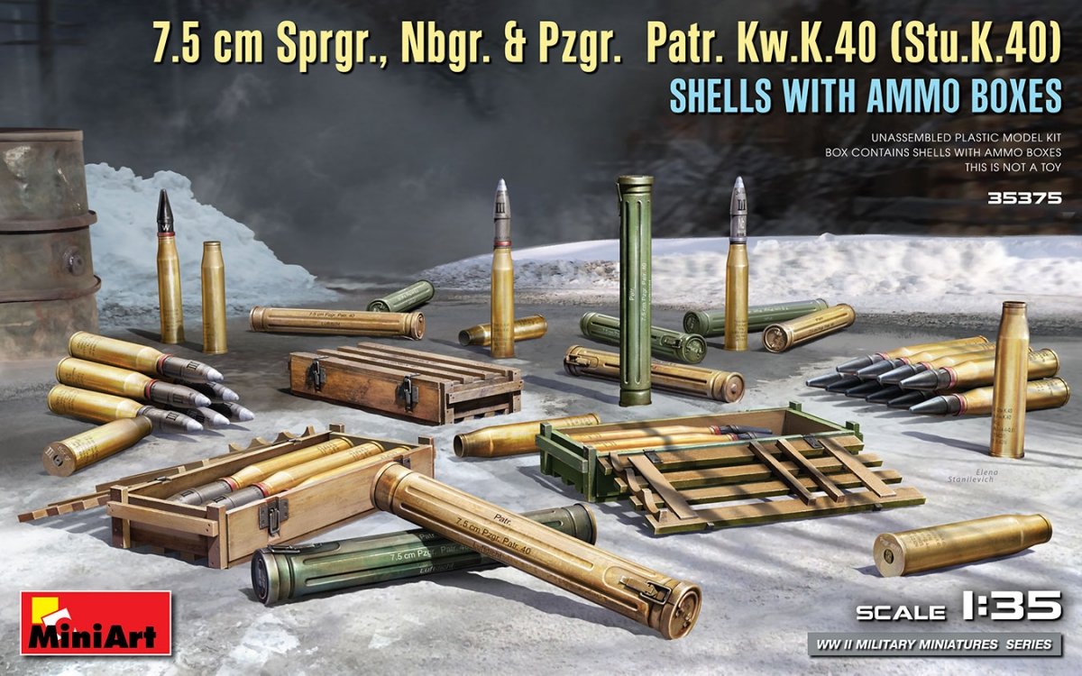 MiniArt 35375 7.5 cm Sprgr., Nbgr. &amp;amp; Pzgr. Patr. Kw.K.40 (Stu.K.40) SHELLS WITH AMMO BOXES 1/35