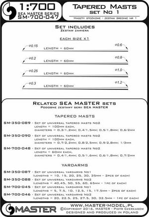 Master SM-700-047 Set of universal tapered masts No1 (length = 60mm each, diameters = 0,15/0,6mm; 0,2/0,8mm; 0,25/1mm; 0,3/1,2mm) 1/700 – zdjęcie 3