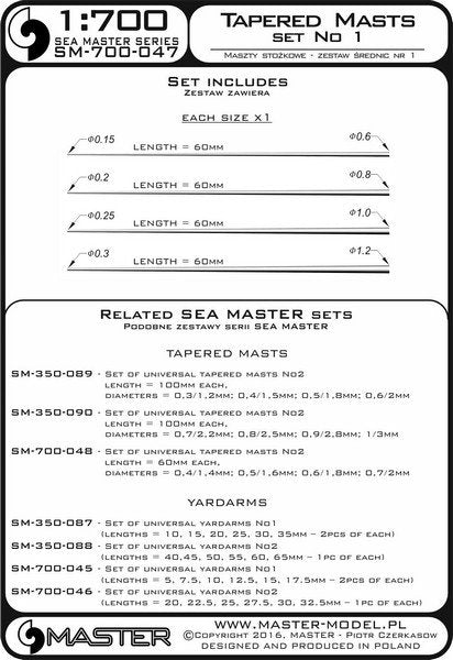 Master SM-700-047 Set of universal tapered masts No1 (length = 60mm each, diameters = 0,15/0,6mm; 0,2/0,8mm; 0,25/1mm; 0,3/1,2mm) 1/700 – zdjęcie 3