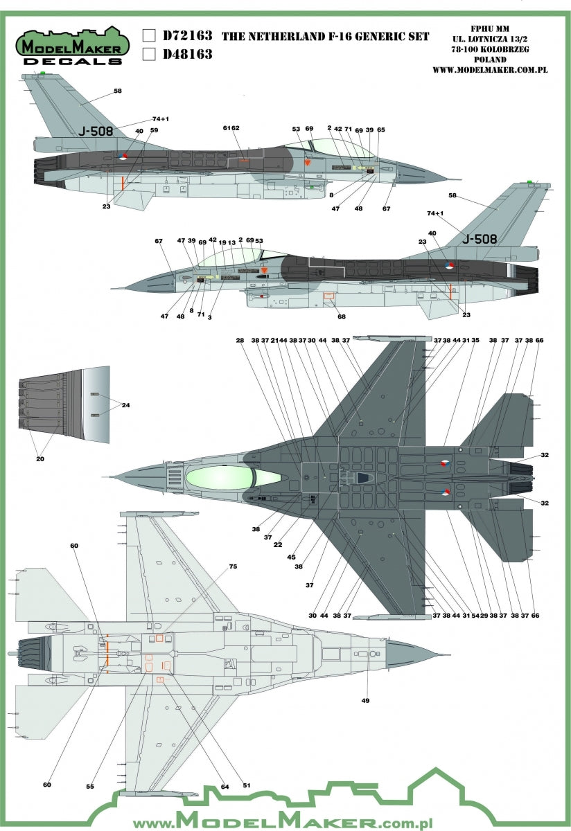 Décalcomanies ModelMaker D48163 Pays-Bas F-16 Insignes et pochoirs, jeu générique 1/48