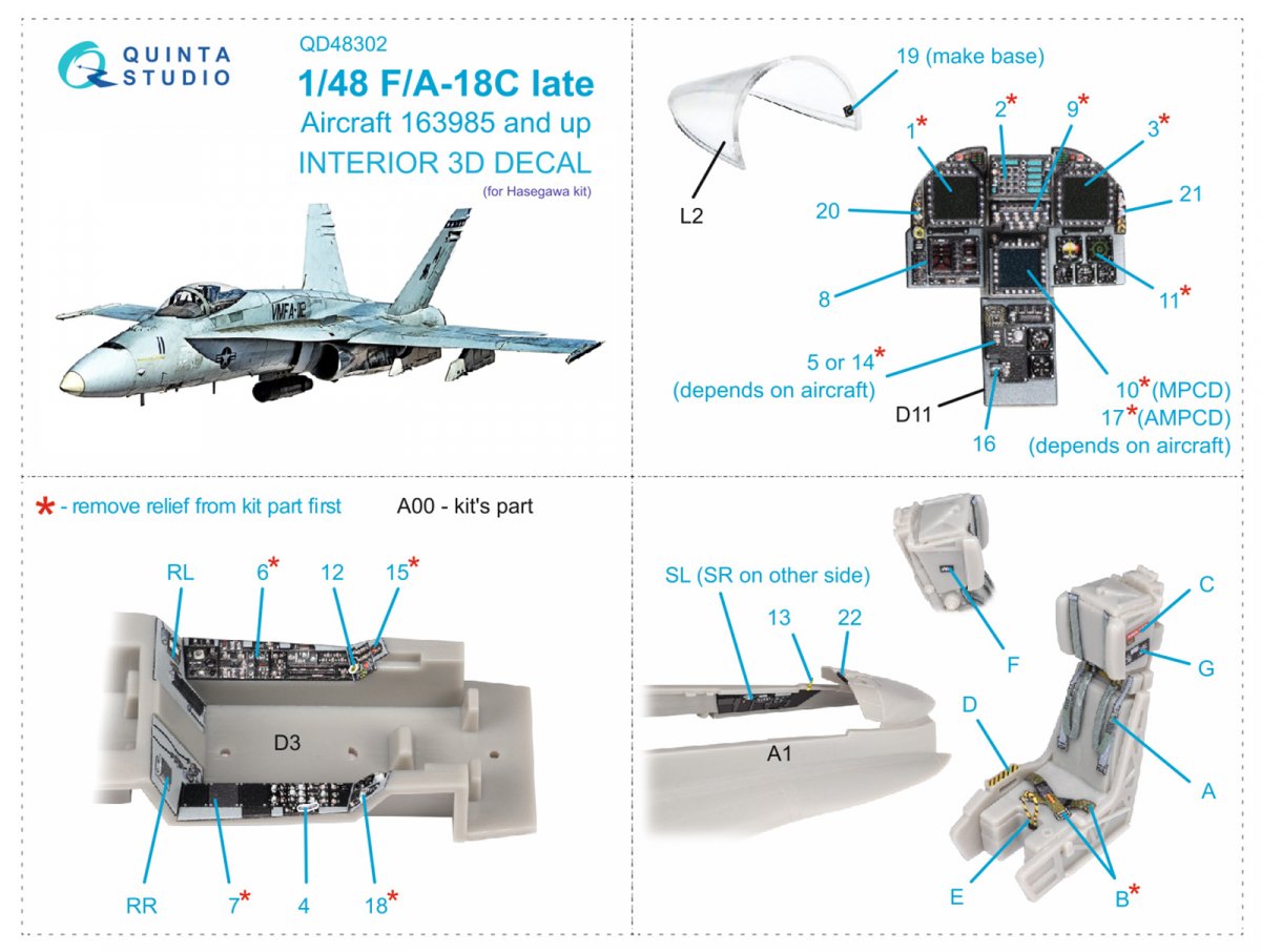 Quinta Studio QD48302 F/A-18C late 3D-Printed &amp;amp; coloured Interior on decal paper (Hasegawa) 1/48 – Bild 2
