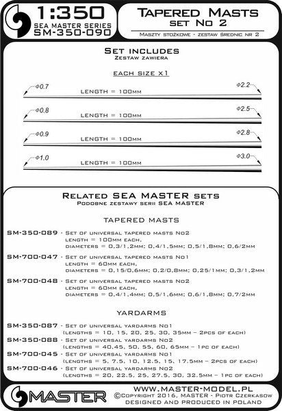 Master SM-350-090 Set of universal tapered masts No2 (length = 100mm each, diameters = 0.7/2.2mm; 0.8/2.5mm; 0.9/2.8mm; 1/3mm) 1/350 – image 3