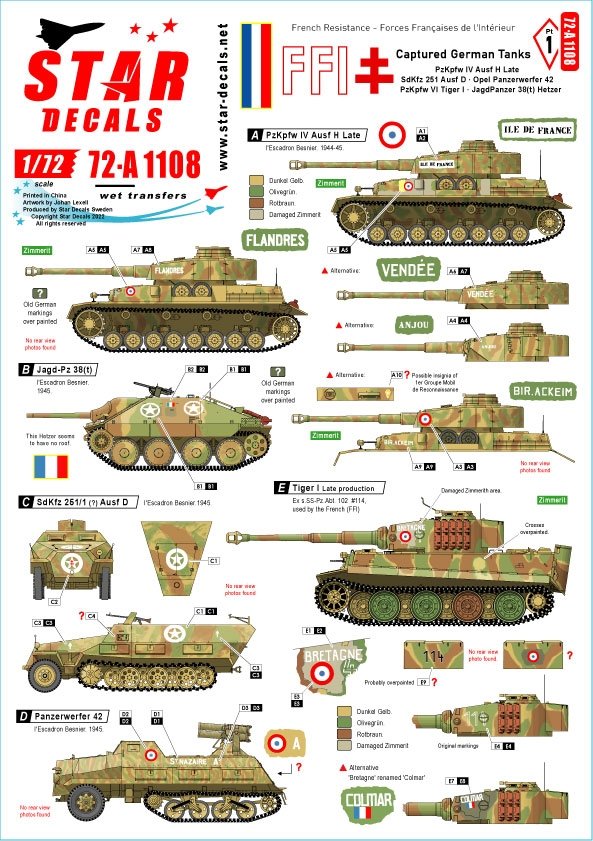 Star Decals 72-A1108 FFI # 1 Captured German tanks. French Resistance - Forces Françaises de l&amp;#39;Intérieur 1/72