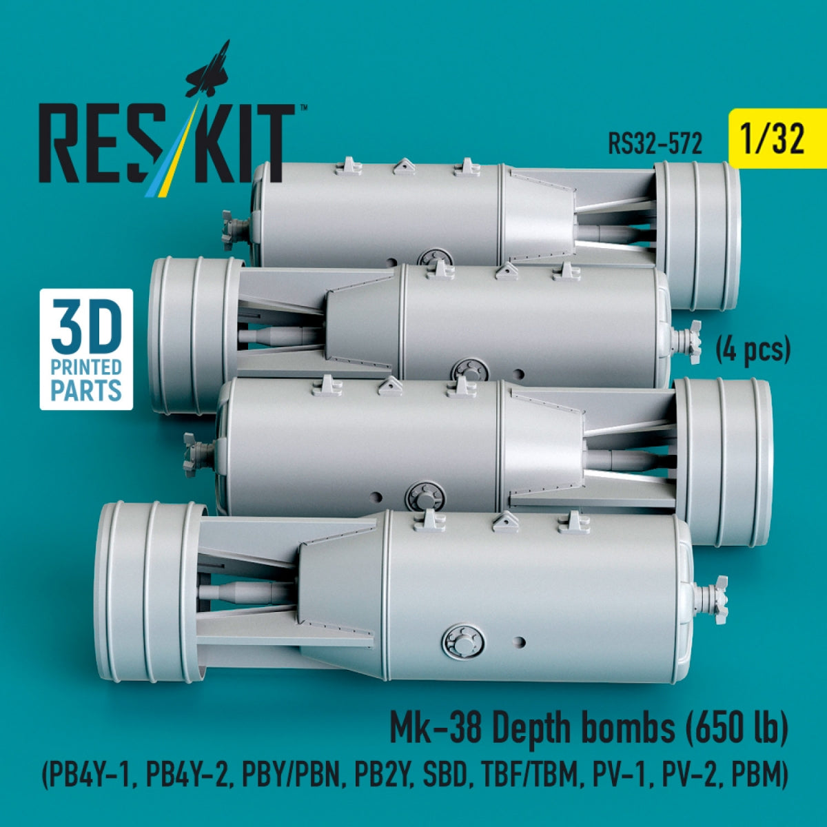 RESKIT RS32-0572 Mk-38 Depth bombs (650 lb) (4 pcs) (PB4Y-1, PB4Y-2, PBY/PBN, PB2Y, SBD, TBF/TBM, PV-1, PV-2, PBM) (3D Printed) 1/32