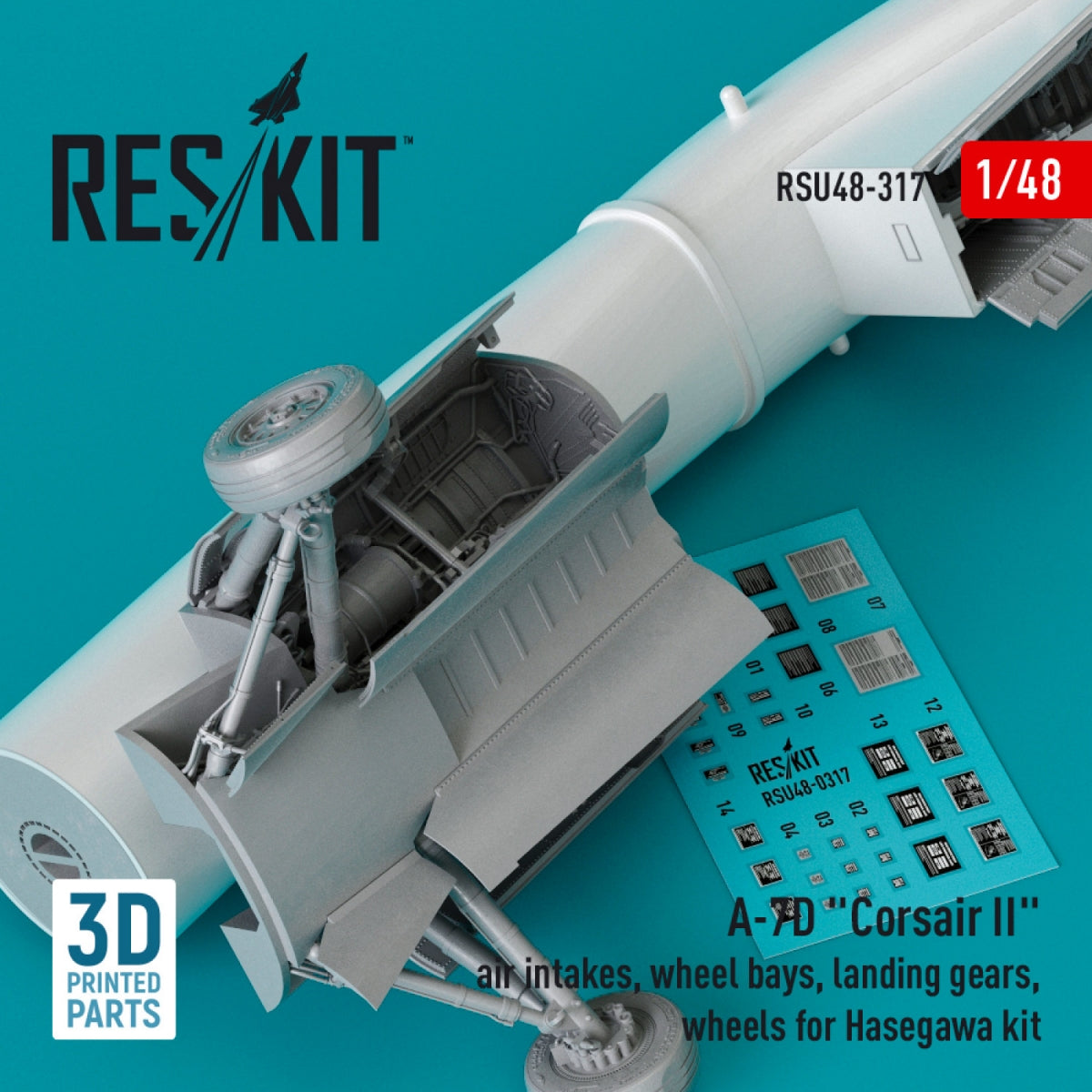 RESKIT RSU48-0317 A-7D &amp;quot;CORSAIR II&amp;quot; AIR INTAKES, WHEEL BAYS, LANDING GEARS, WHEELS FOR HASEGAWA KIT (3D PRINTED) 1/48 – image 2