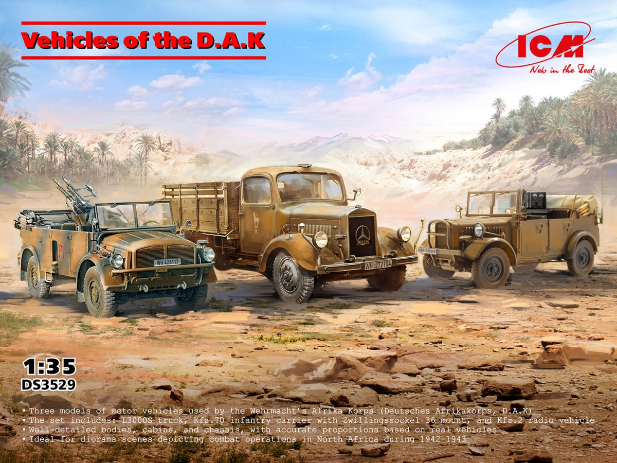 ICM DS3529 Vehicles of the D.A.K (s.E.Pkw Kfz.70 with Zwillingssockel 36, Typ L3000S, le.gl.Einheitz-Pkw Kfz.2) 1/35 – zdjęcie 2