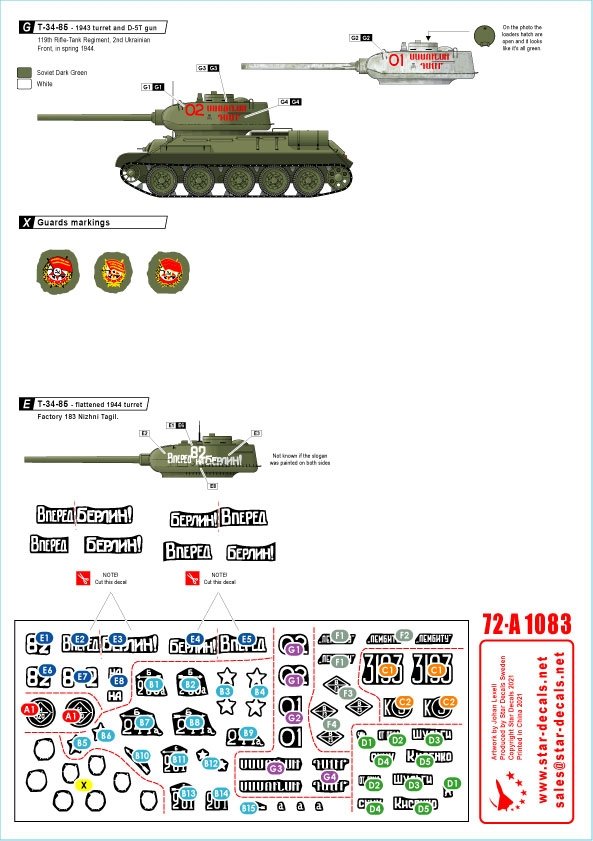 Star Decals 72-A1083 Soviet T-34-85 tanks 1944-45. 1944-45. Flattened 1944 turret and Factory 183 Nizhni Tagil turret. 1/72 – image 3