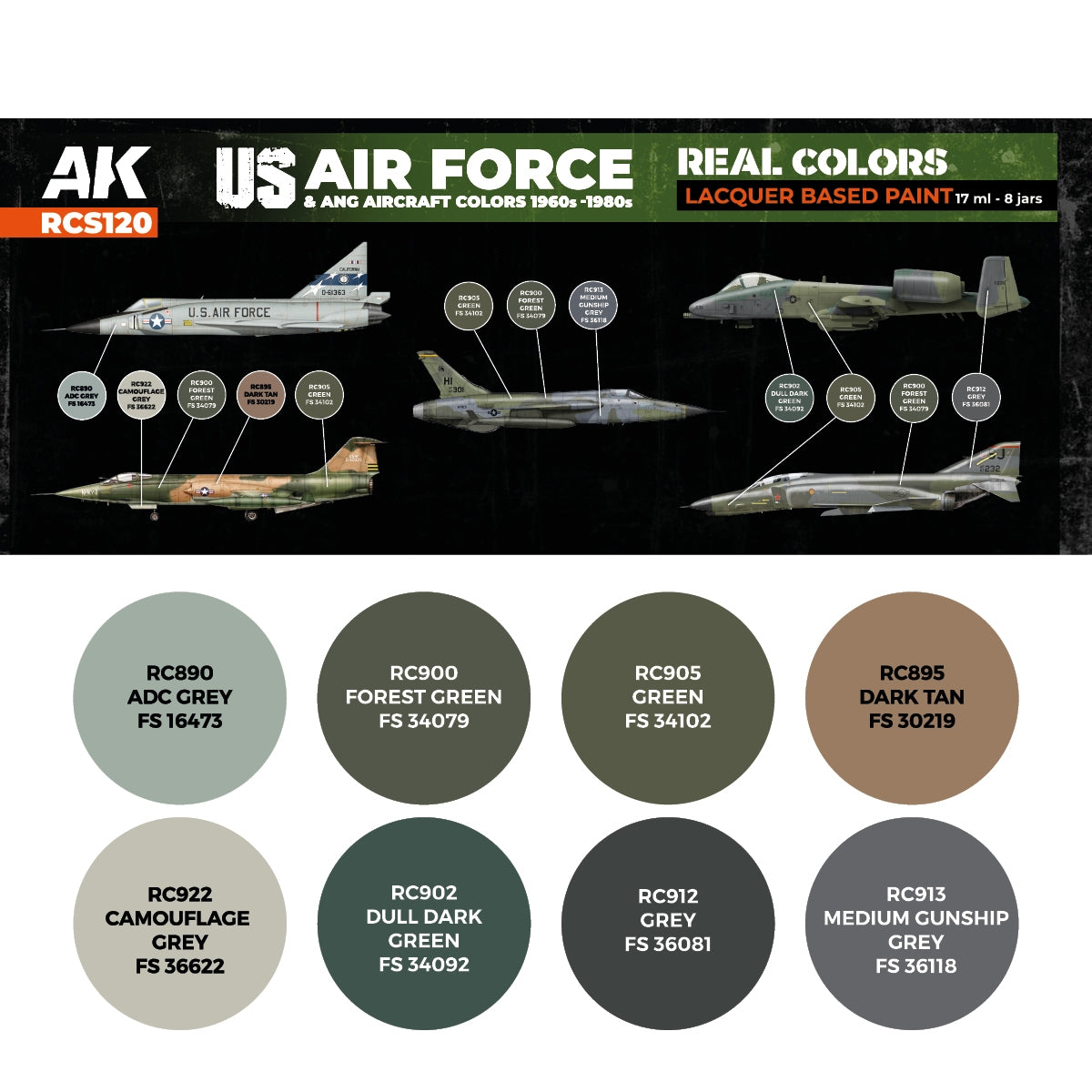 AK Interactive RCS120 US Air Force and ANG Aircraft Colors 1960s-1980s 8x17ml – zdjęcie 2
