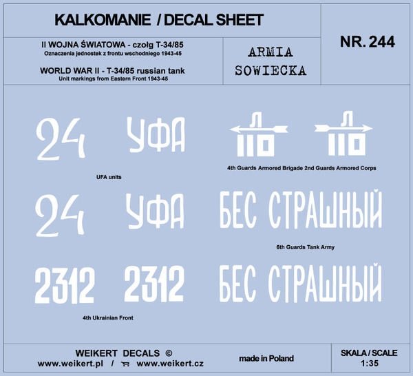 Weikert Decals DEC244 Soviet Army - T-34/85 TANK - Eastern Front 1943-45 - vol.3 1/35