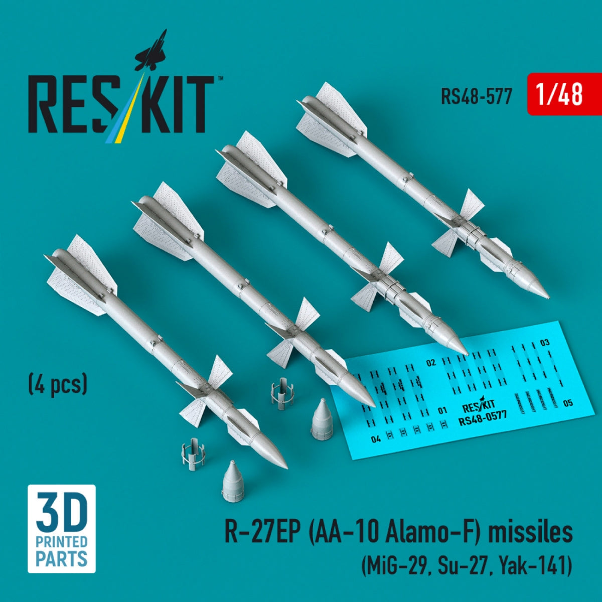 RESKIT RS48-0577 R-27EP (AA-10 Alamo-F) missiles (4 pcs) (MiG-29, Su-27, Yak-141) (3D Printed) 1/48