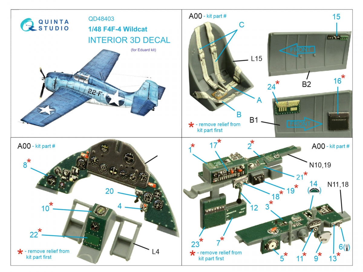 Quinta Studio QD48403 F4F-4 Wildcat 3D-Printed &amp;amp; coloured Interior on decal paper (Eduard) 1/48 – zdjęcie 2