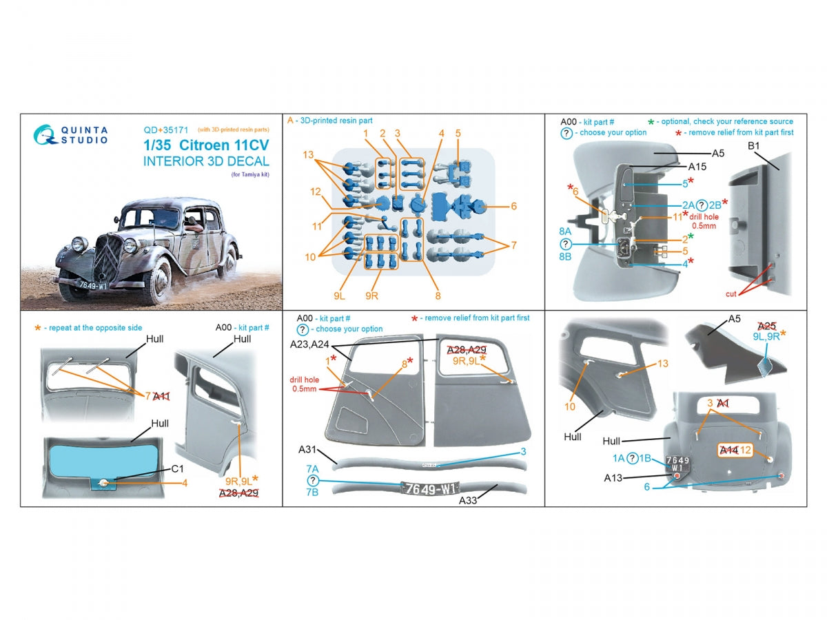Quinta Studio QD+35171 Citroen 11CV 3D-Printed &amp; coloured Interior on decal paper (Tamiya) (with 3D-printed resin parts) 1/35