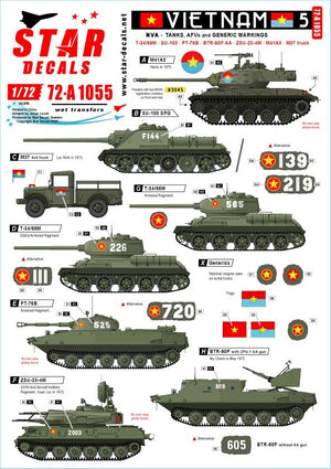 Star Decals 72-A1055 Vietnam # 5. NVA North Vietnamese Tanks and AFVs markings. 1/72