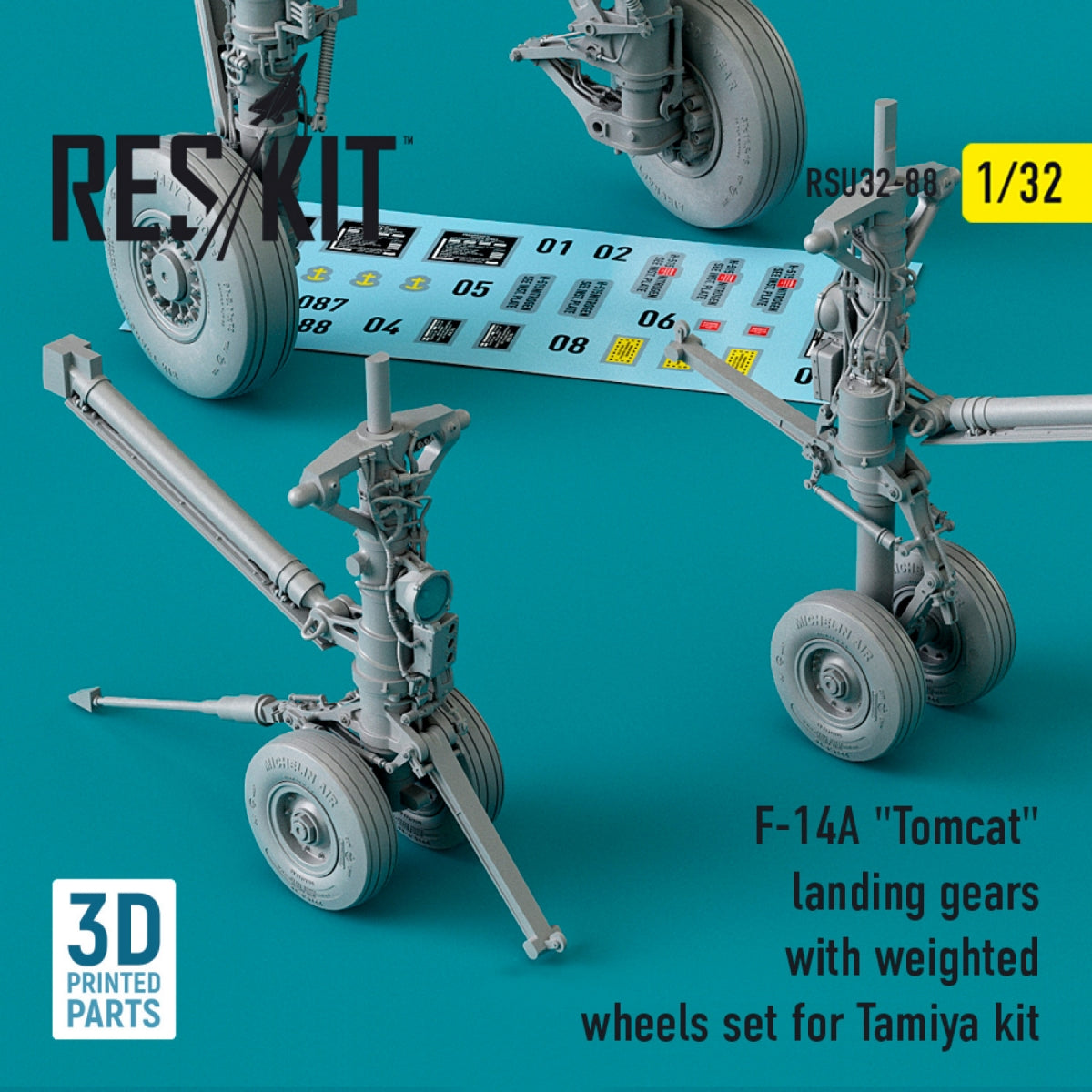 RESKIT RSU32-0088 F-14A &amp;quot;TOMCAT&amp;quot; LANDING GEARS WITH WEIGHTED WHEELS SET FOR TAMIYA KIT (3D PRINTED) 1/32 – imagen 2
