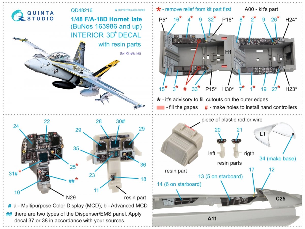 Quinta Studio QD48216 F/A-18D Late Intérieur imprimé en 3D et coloré sur papier décalcomanie avec pièces en résine (Kinetic) 1/48 – image 9