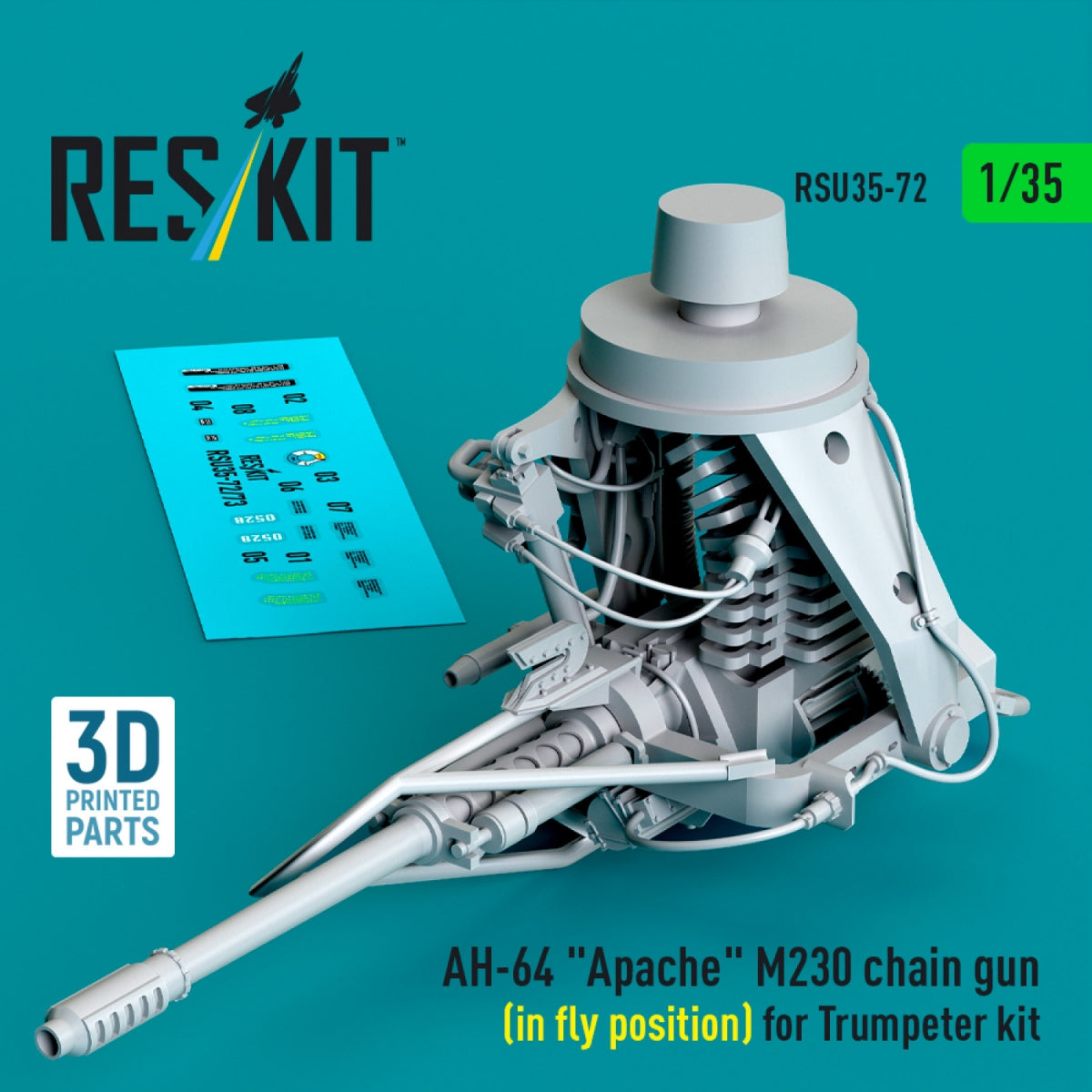 RESKIT RSU35-0072 AH-64 « Apache » M230 mitrailleuse (en position de vol) pour maquette Trumpeter (impression 3D) 1/35