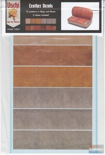 Uschi 1021 Leather Decals For 1/48, 1/32, 1/24 Kits. 2 Sheets with textures in Red/Brown, Beige/Grey