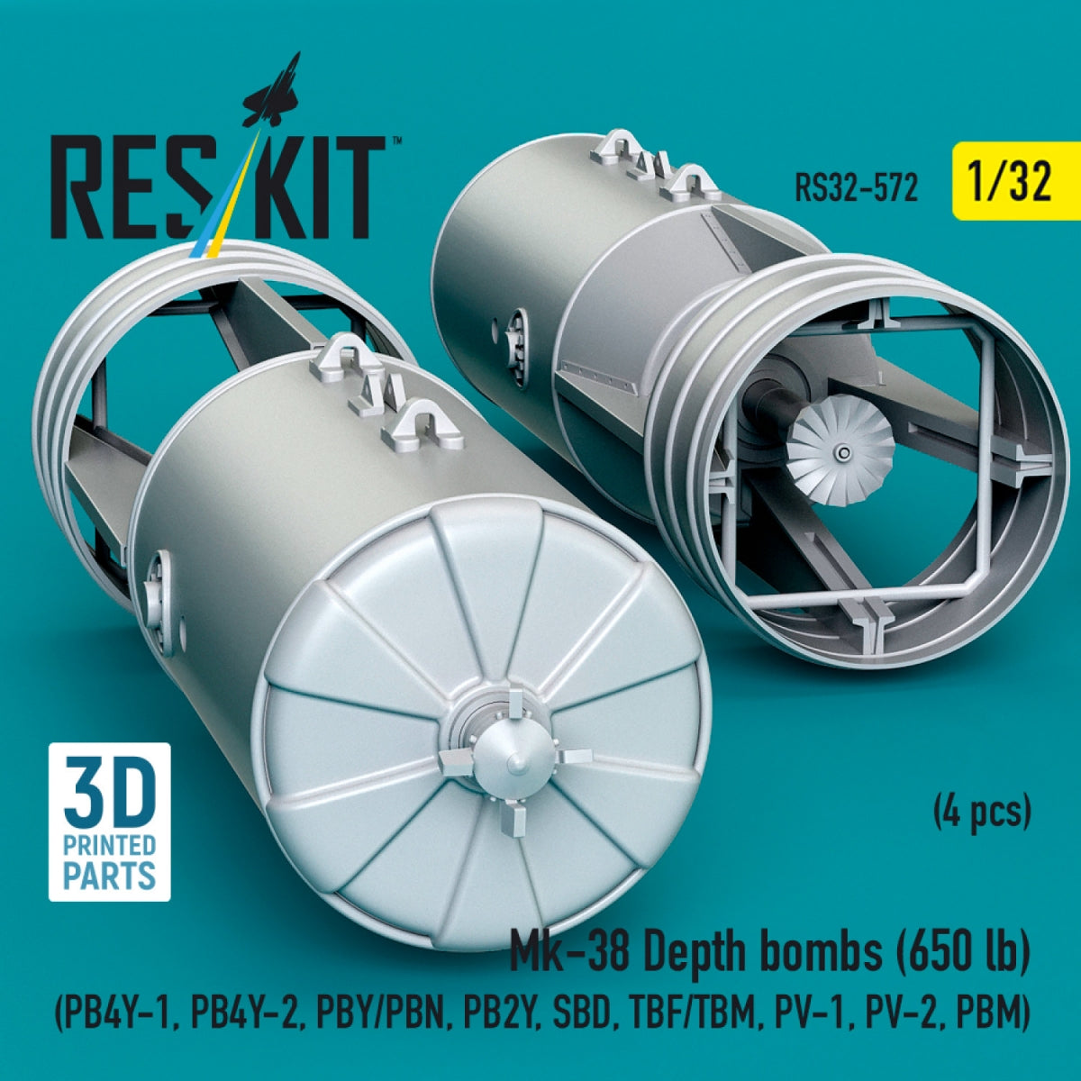 RESKIT RS32-0572 Mk-38 Depth bombs (650 lb) (4 pcs) (PB4Y-1, PB4Y-2, PBY/PBN, PB2Y, SBD, TBF/TBM, PV-1, PV-2, PBM) (3D Printed) 1/32