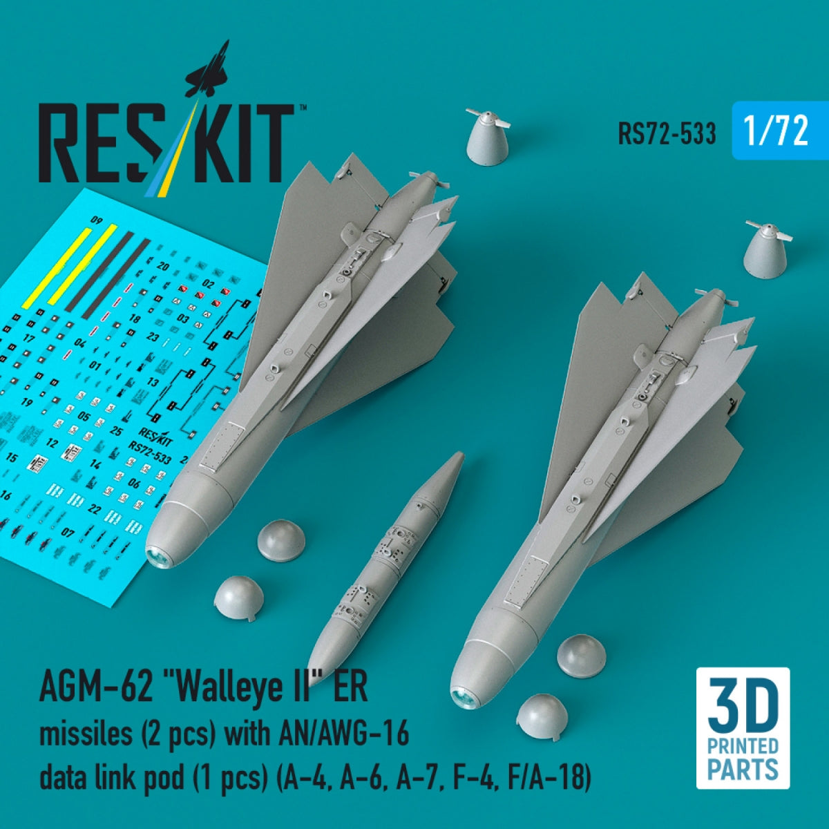 RESKIT RS72-0533 AGM-62 "Walleye II" ER missiles (2 pcs) with AN/AWG-16 data link pod (1 pcs) (A-4, A-6, A-7, F-4, F/A-18) (3D Printed) 1/72