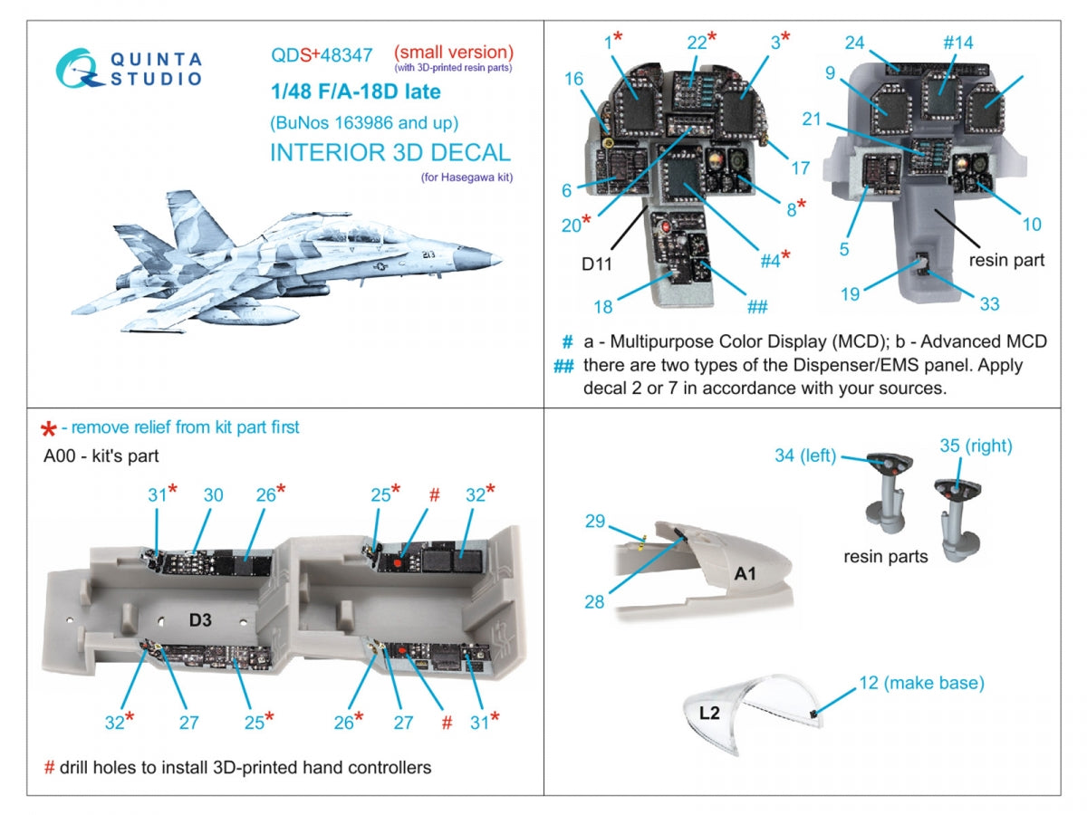 Quinta Studio QDS+48347 FA-18D late 3D-Printed coloured Interior on decal paper (Hasegawa) (with 3D-printed resin parts) (Small version) 1/48 – zdjęcie 2
