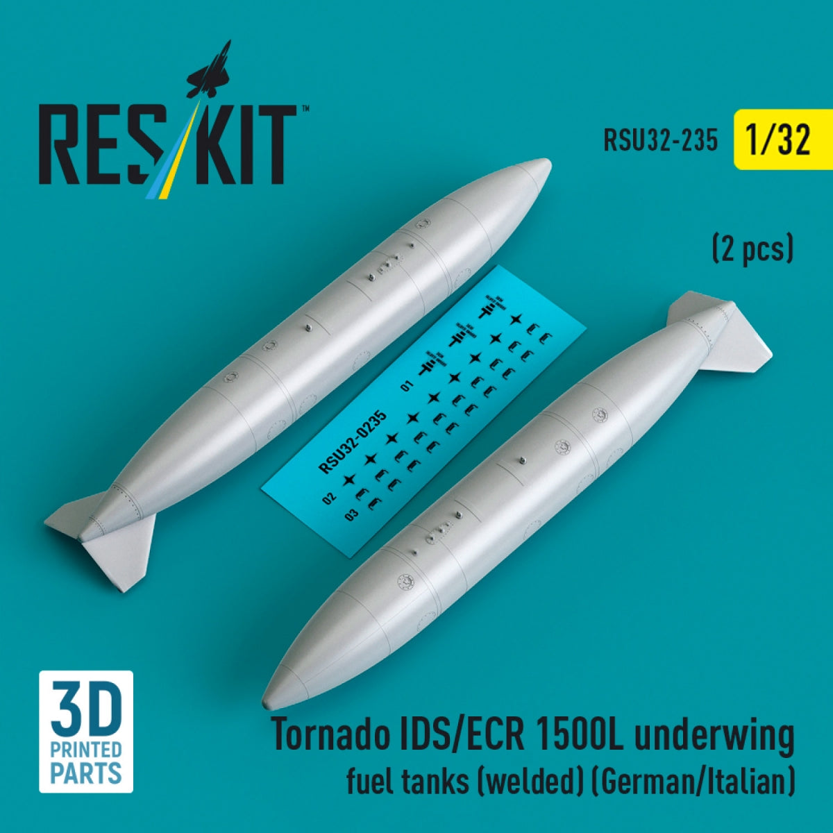 RESKIT RSU32-0235 Tornado IDS/ECR 1500L underwing fuel tanks (welded) (German AF / Italian AF) (2 pcs) (3D Printed) 1/32