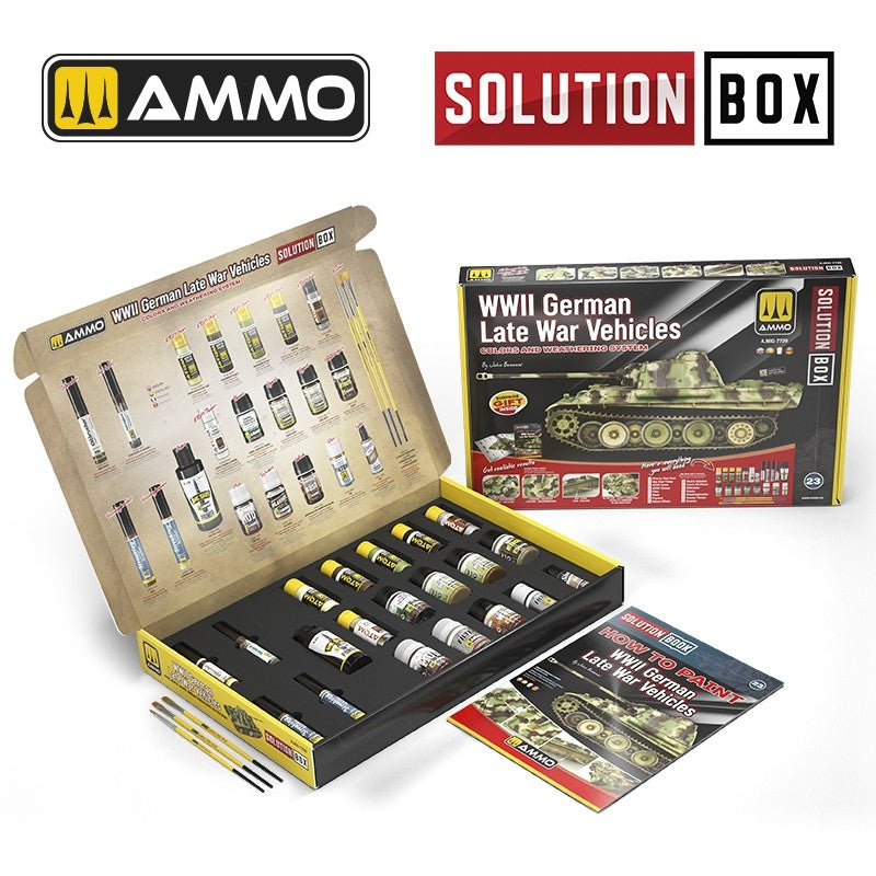 AMMO of Mig Jimenez 7729 SOLUTION BOX 23 – WWII German Late War Vehicles. Colors and Weathering System – zdjęcie 2