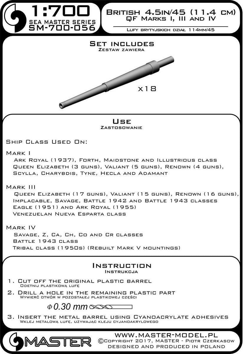 Master SM-700-056 British 4.5in/45 (11.4cm) QF Marks I,III and IV (18pcs) used on Ark Royal (1/700) – image 3