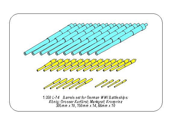 Aber 350L-74 Barrels set for German WWI Battleships: König; Grosser Kurfürst; Markgraf; Kronprinz 305mm x 10, 150mm x 14, 88mm x 10 1/350 – image 12