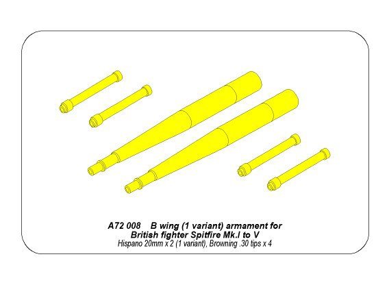 Aber A72 008 B wing (1 variant) armament for British fighter Spitfire Mk.I to V; Hispano 20mm x 2 (1 variant), Browning .30 tips x 4 1/72 – zdjęcie 4