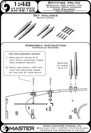 Master AM-48-166 Spitfire Mk. Vc - lufy działek Hispano 20mm w osłonach i końcówki luf Browning .303 (do modelu Eduarda) 1/48 – zdjęcie 2