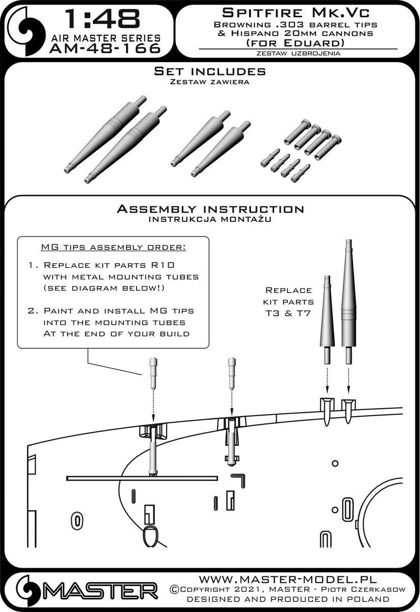 Master AM-48-166 Spitfire Mk. Vc - lufy działek Hispano 20mm w osłonach i końcówki luf Browning .303 (do modelu Eduarda) 1/48 – zdjęcie 2