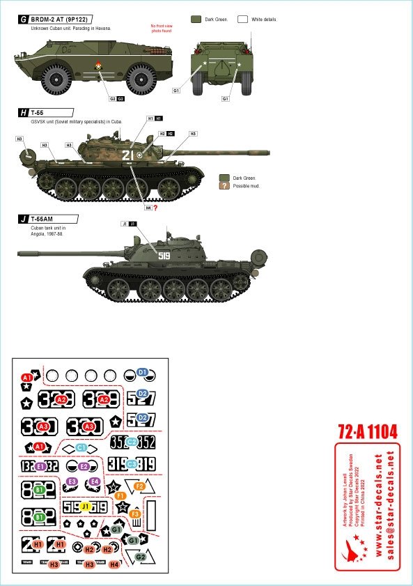 Star Decals 72-A1104 Tanks &amp;amp; AFVs in Cuba # 2. T-34/85, IS-2M, T-54A, T-55, T-55A, T-62A, ZSU-57-2, BRDM-2 (9P122). 1/72 – Bild 3