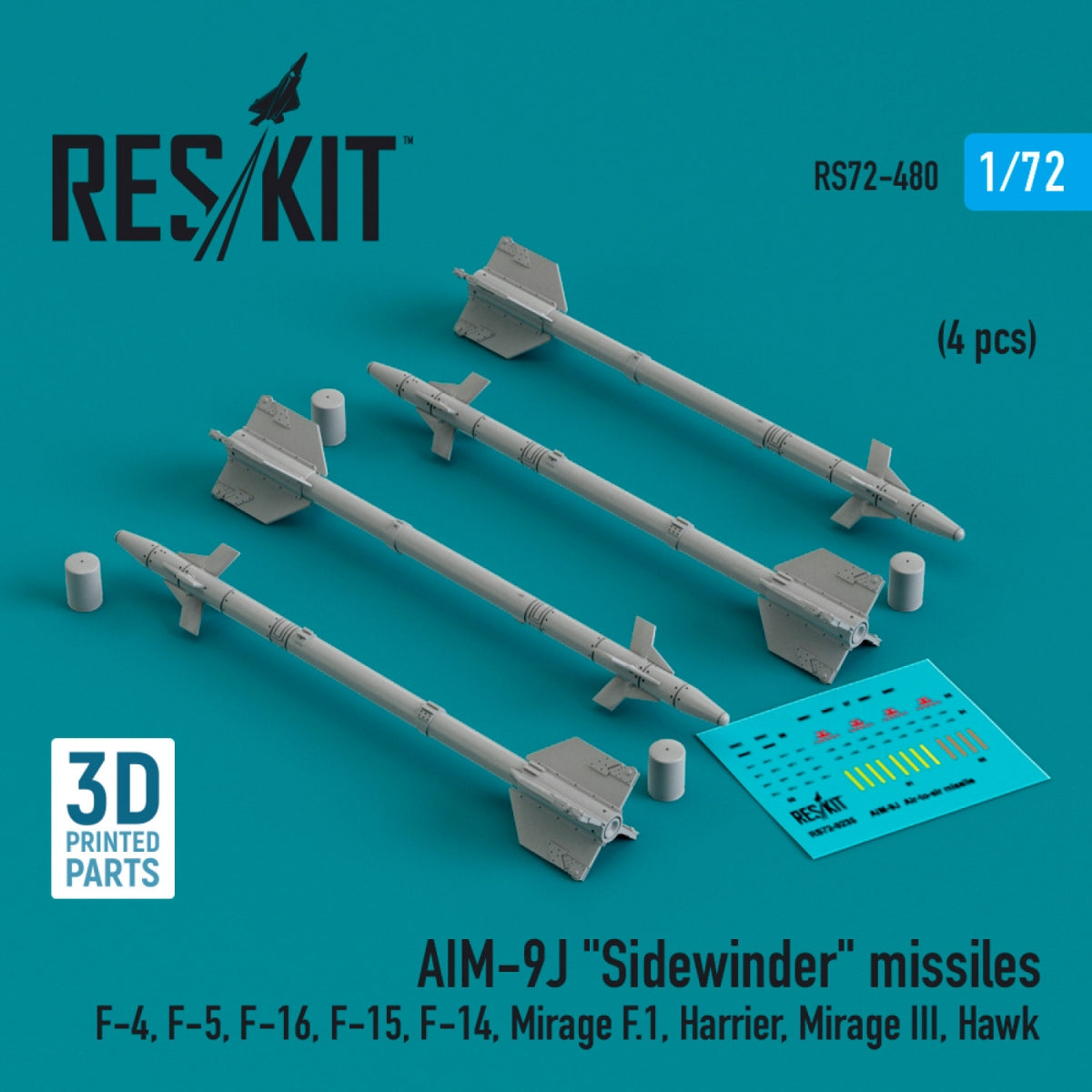 RESKIT RS72-0480 AIM-9J &amp;quot;Sidewinder&amp;quot; missiles (4 pcs) (3D Printed) 1/72