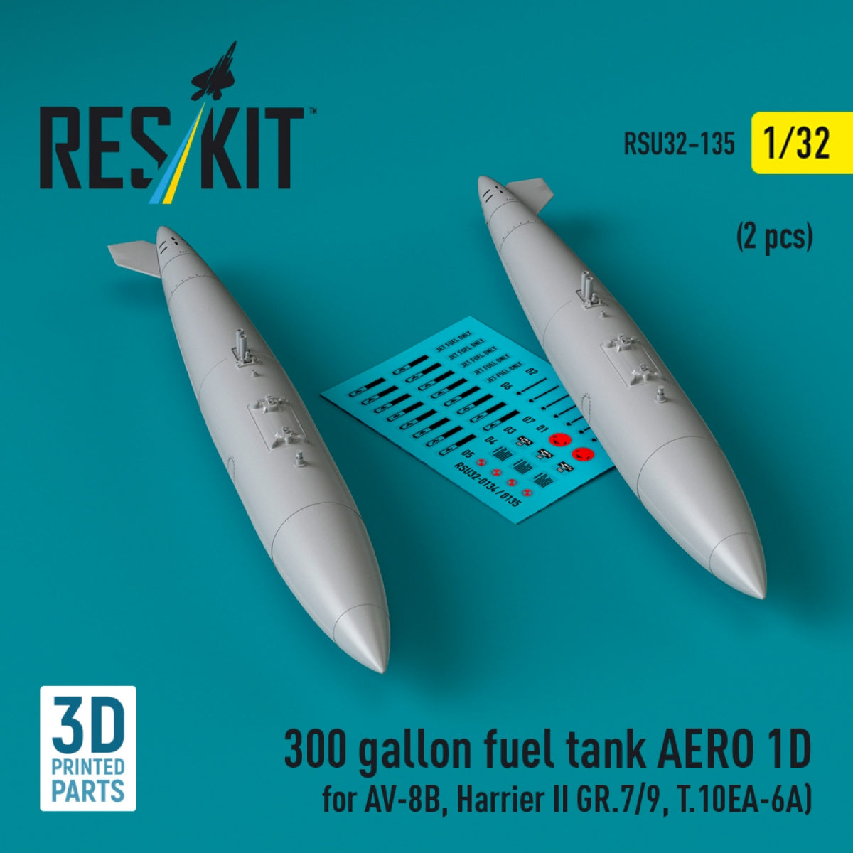 RESKIT RSU32-0135 300 gallon fuel tank AERO 1D for AV-8B, Harrier II GR.7/9, T.10 (2 pcs) (3D Printed) 1/32