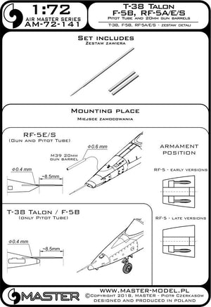 Master AM-72-141 T-38 Talon / F-5B / RF-5A, E, S - Rurka Pitota i lufy działek 20mm 1/72 – zdjęcie 3