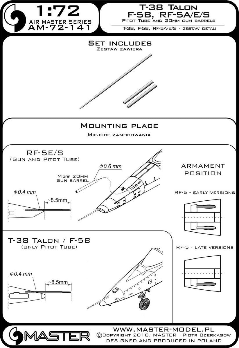 Master AM-72-141 T-38 Talon / F-5B / RF-5A, E, S - Rurka Pitota i lufy działek 20mm 1/72 – zdjęcie 3